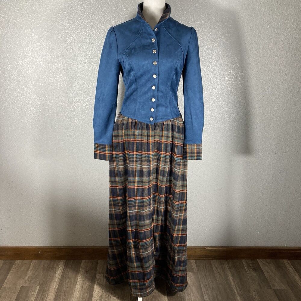 Womens Plaid Maxi Dress XS Faux Suede Pockets Western Prairie Retail $170 Oyrosy - Picture 2 of 16